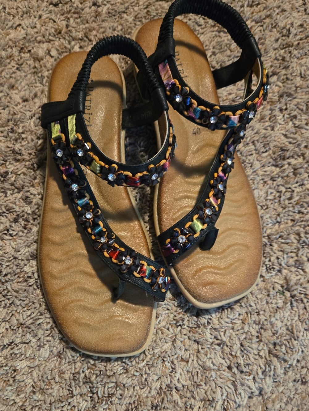 Black T-Strap Sandals with Multicolor Braided Trim and Rhinestones